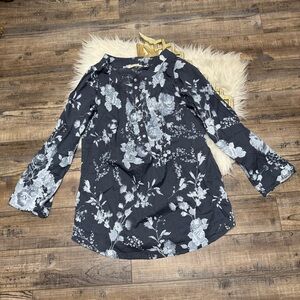 Soft Surroundings Navy Blue Floral Long Sleeve Blouse